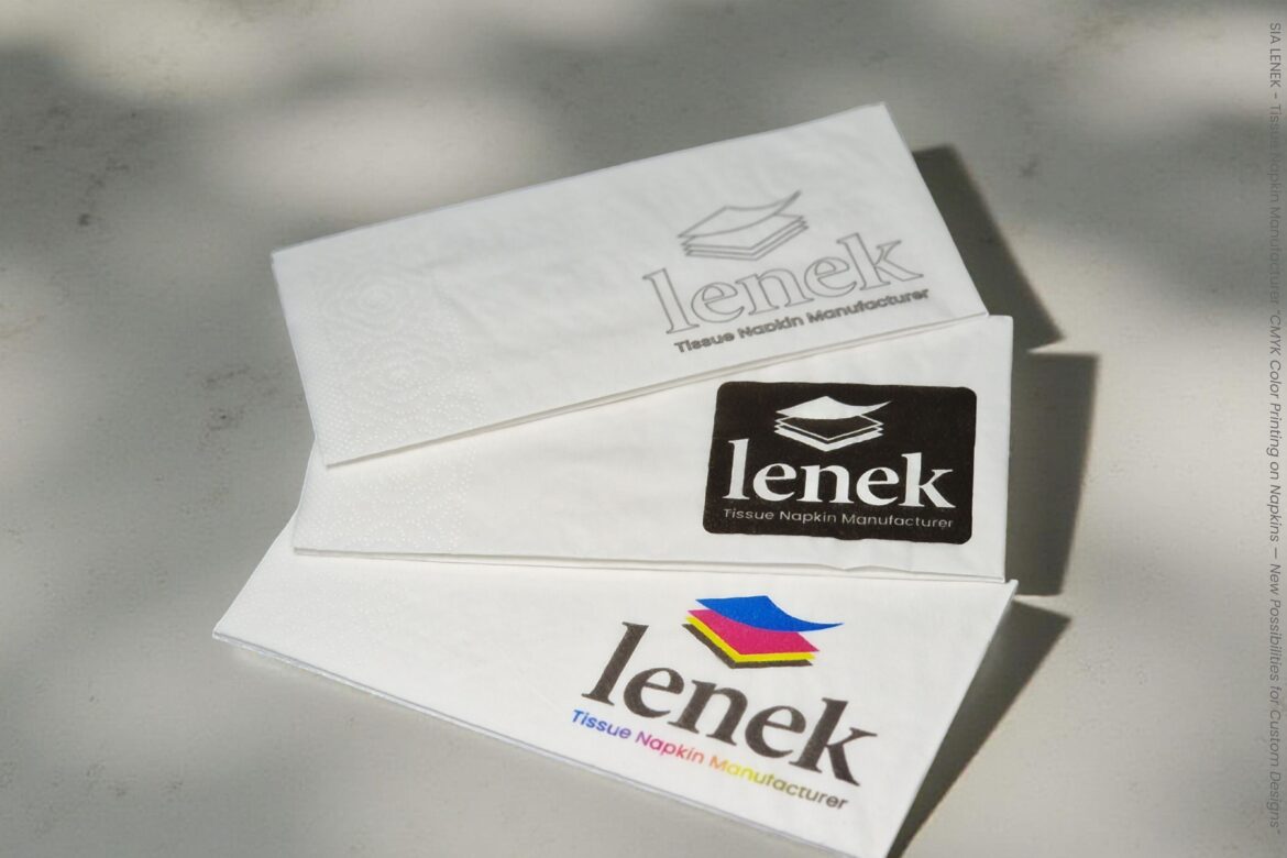 White tissue napkins with CMYK printed LENEK logo