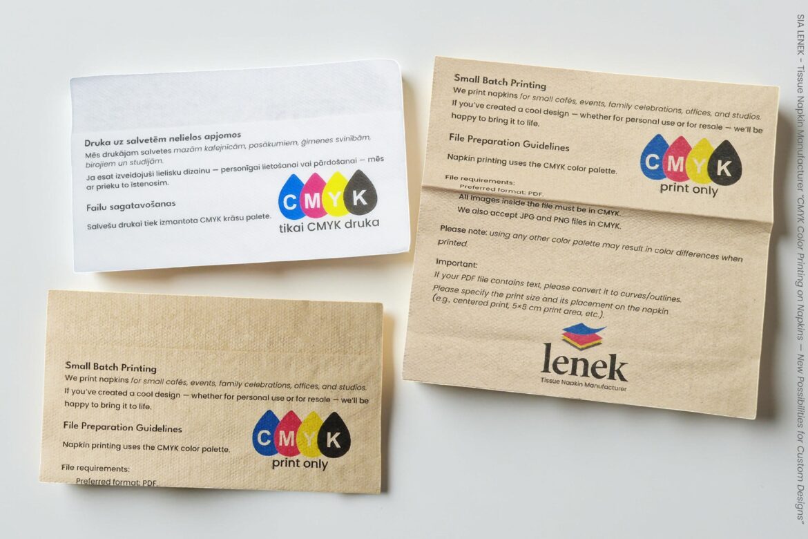 Examples of CMYK color printing with text and graphics on napkins print on two sides
