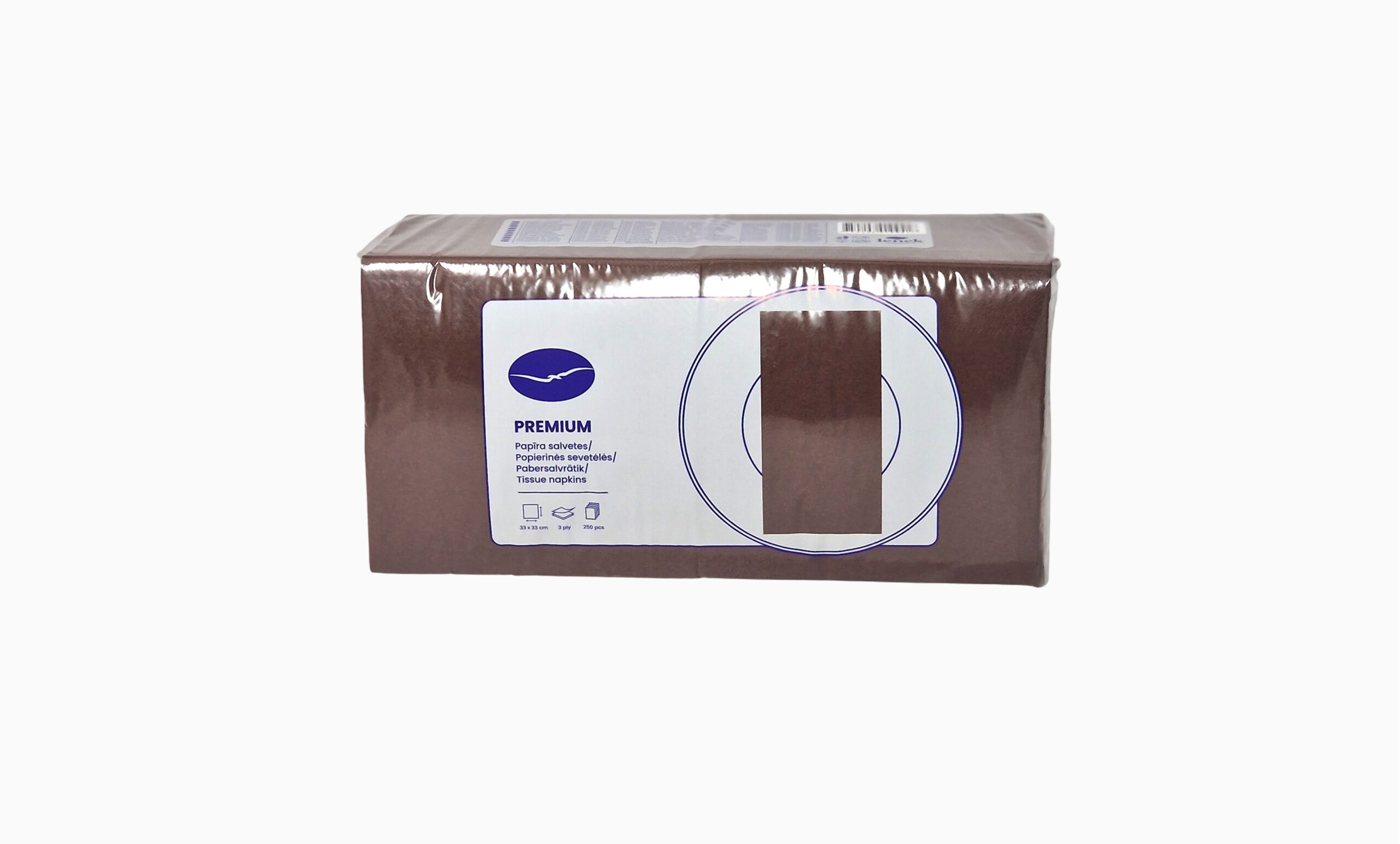 PREMIUM- Tissue-paper-napkins-brown-cafe-color-33cm-3ply Package of SeaGull Premium paper napkins, BROWN color, Cafe color, tisue napkins, 33 cm size, 3-ply. The image shows a neatly wrapped square pack with the brand logo and layer information on the packaging.
