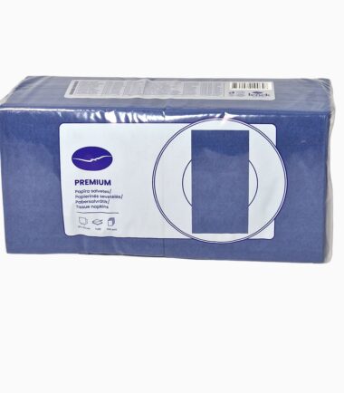 Package of SeaGull Premium paper napkins, DARK BLUE color, tisue napkins, 33 cm size, 3-ply. The image shows a neatly wrapped square pack with the brand logo and layer information on the packaging.