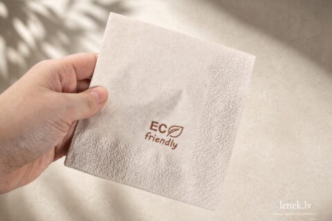 Kraft eco friendly recycled cellulose napkin held by hand, sustainable choice for restaurants and HoReCa