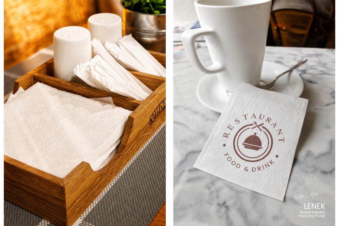 Custom printed restaurant napkin with branded logo next to a coffee cup on a marble table, beside a wooden napkin holder with plain napkins salvešu reklāmas vēsture