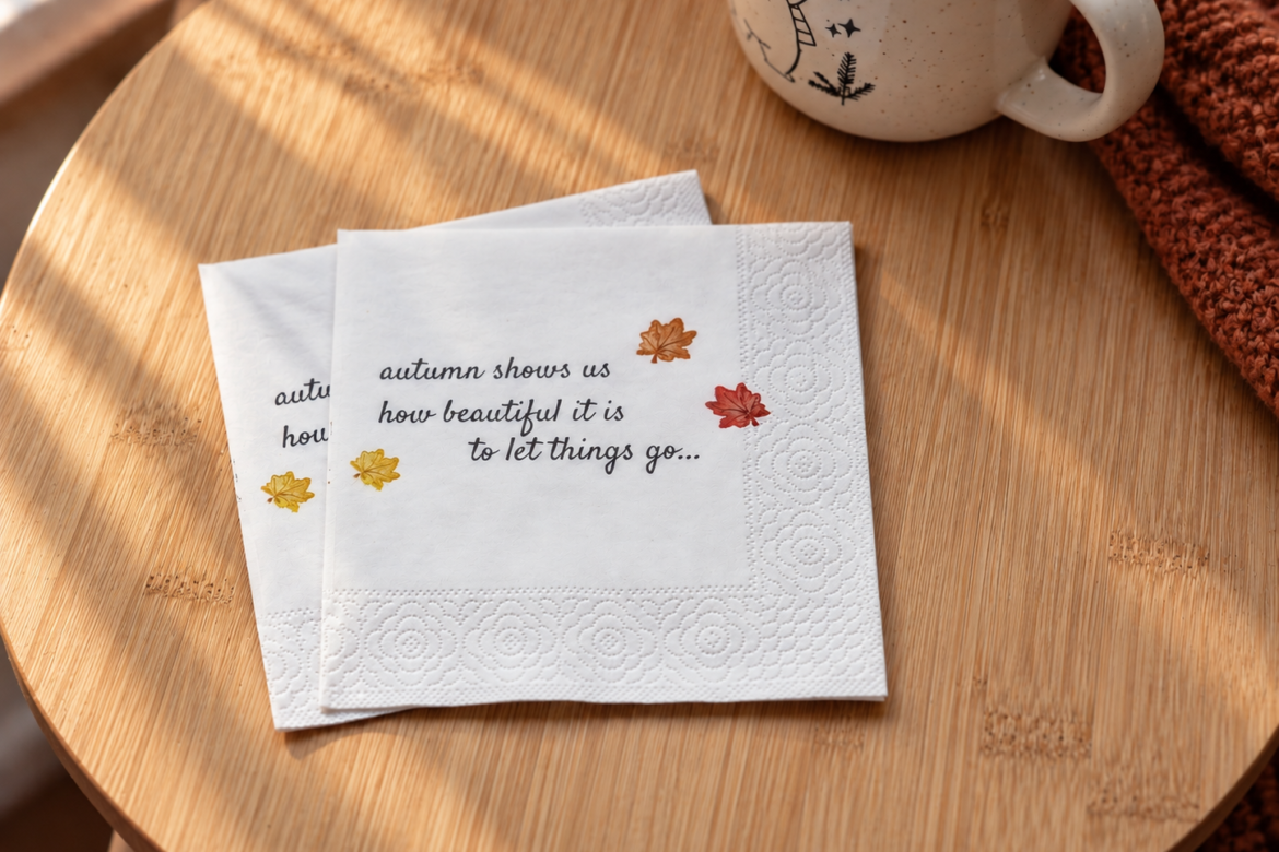 Napkin with autumn print. The words on napkin- autumn shows us how beautiful it is to let things go