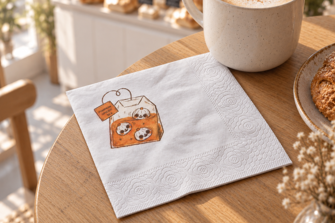 Seasonal napkin colorful print, Pumpkin spice print, on white tissue napkin 12 cm, 2 ply. made by Lenek tissue napkin manufacturer