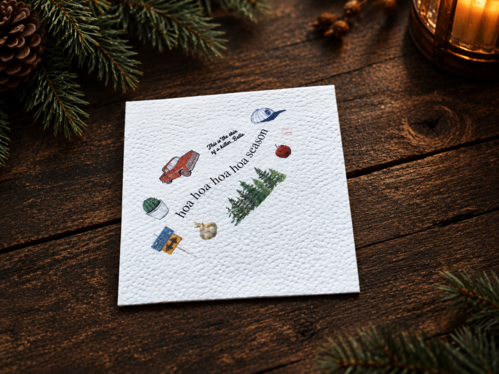 Tissue napkin in white colour with "Twilight" movie theme, hoa hoa hoa season, this is a killer skin, golden onion, red pickup, baseball cap, green forest, forks and la push sign