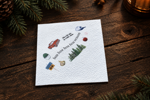 Tissue napkin in white colour with "Twilight" movie theme, hoa hoa hoa season, this is a killer skin, golden onion, red pickup, baseball cap, green forest, forks and la push sign